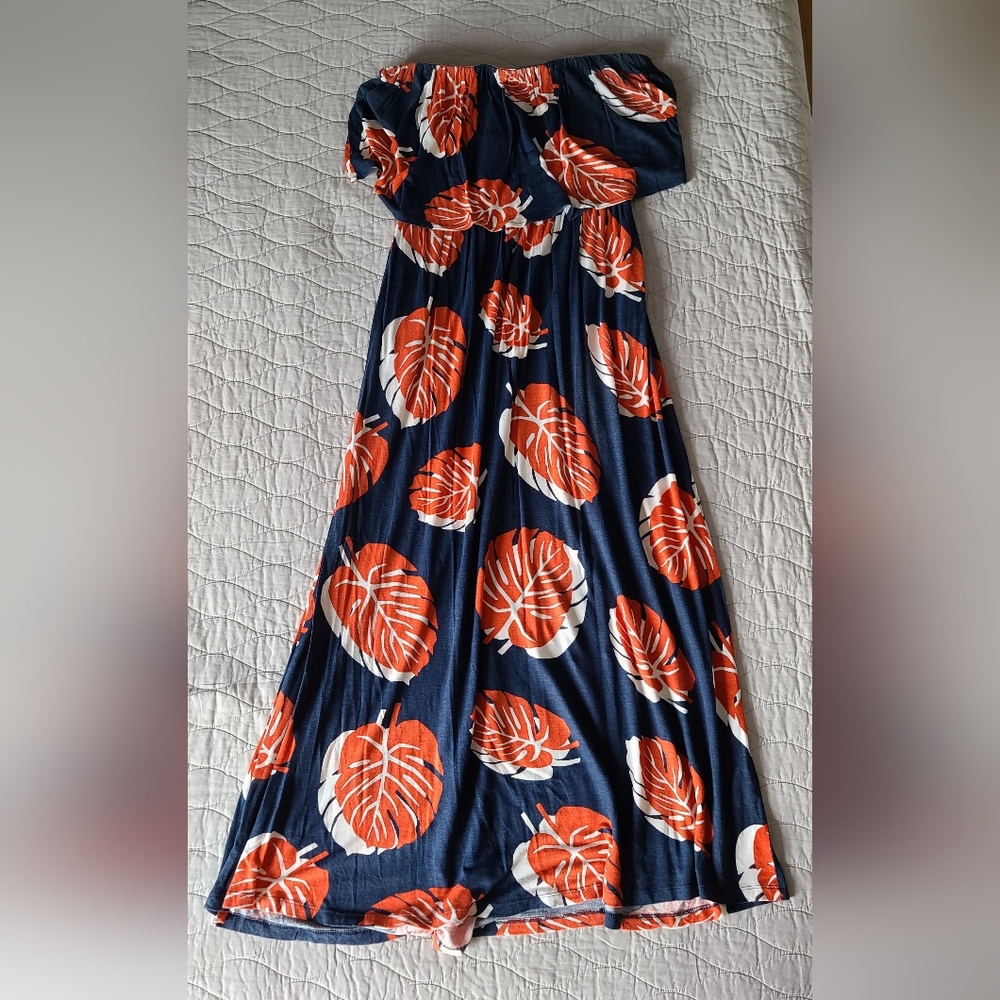 Lucky Brand Strapless Maxi Dress - Blue/Orange-Red, Size L